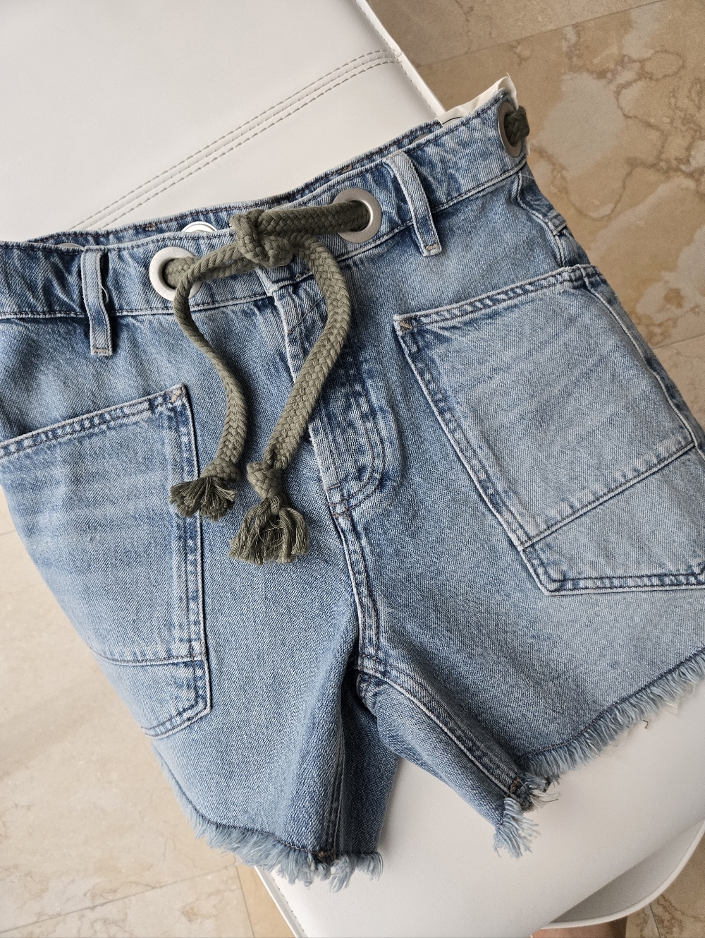 Free People Light Wash Denim Shorts with Olive Drawstring